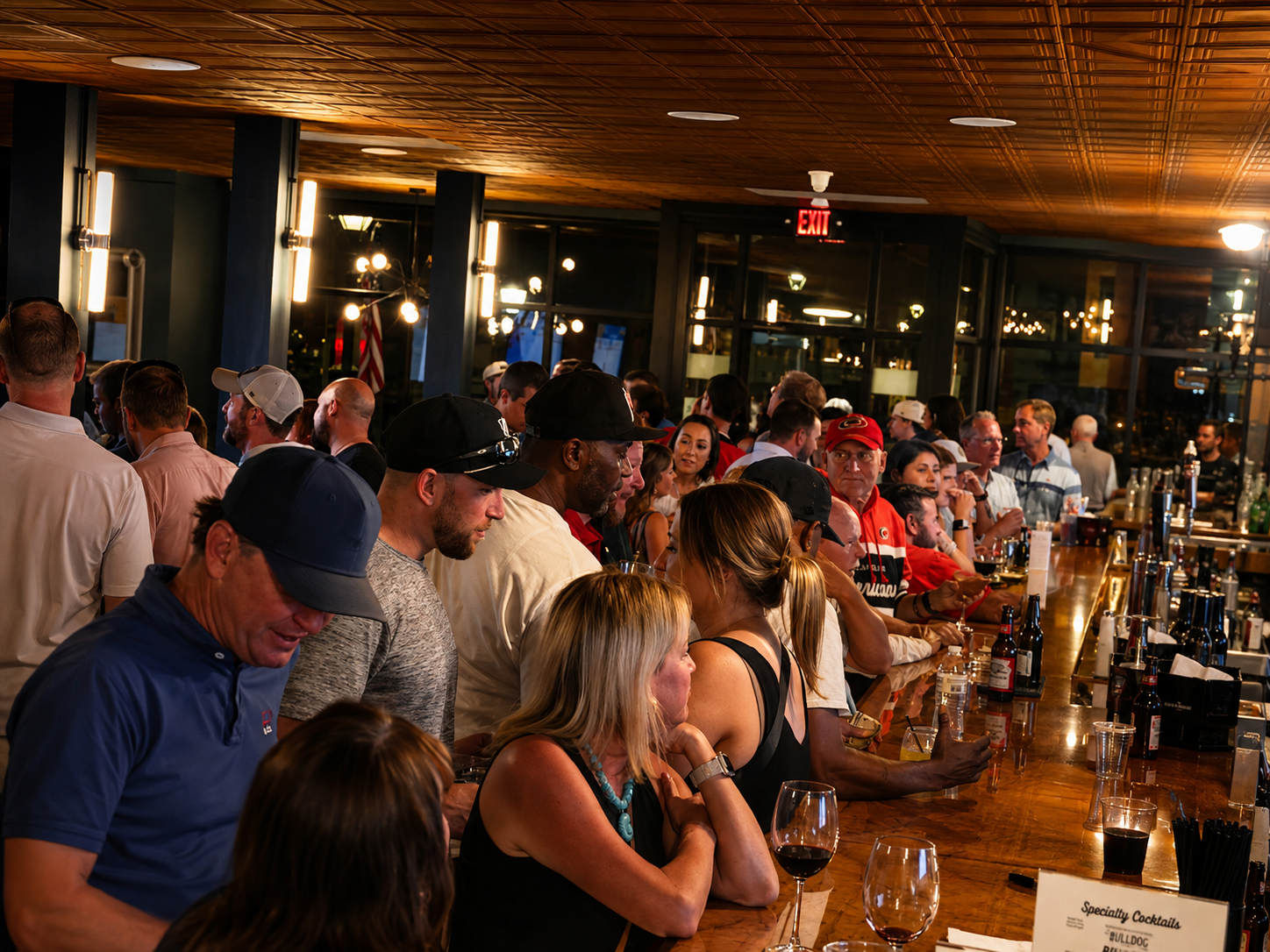 A packed bar on game night